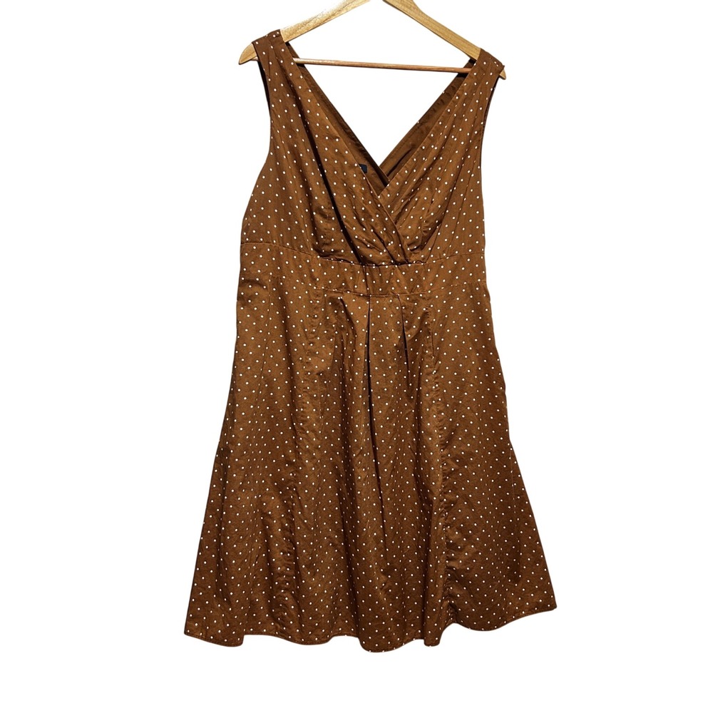 Lands End Women Fit Flare Midi Dress 16 Brown Polka Dot‎ Parisian Retro Classic